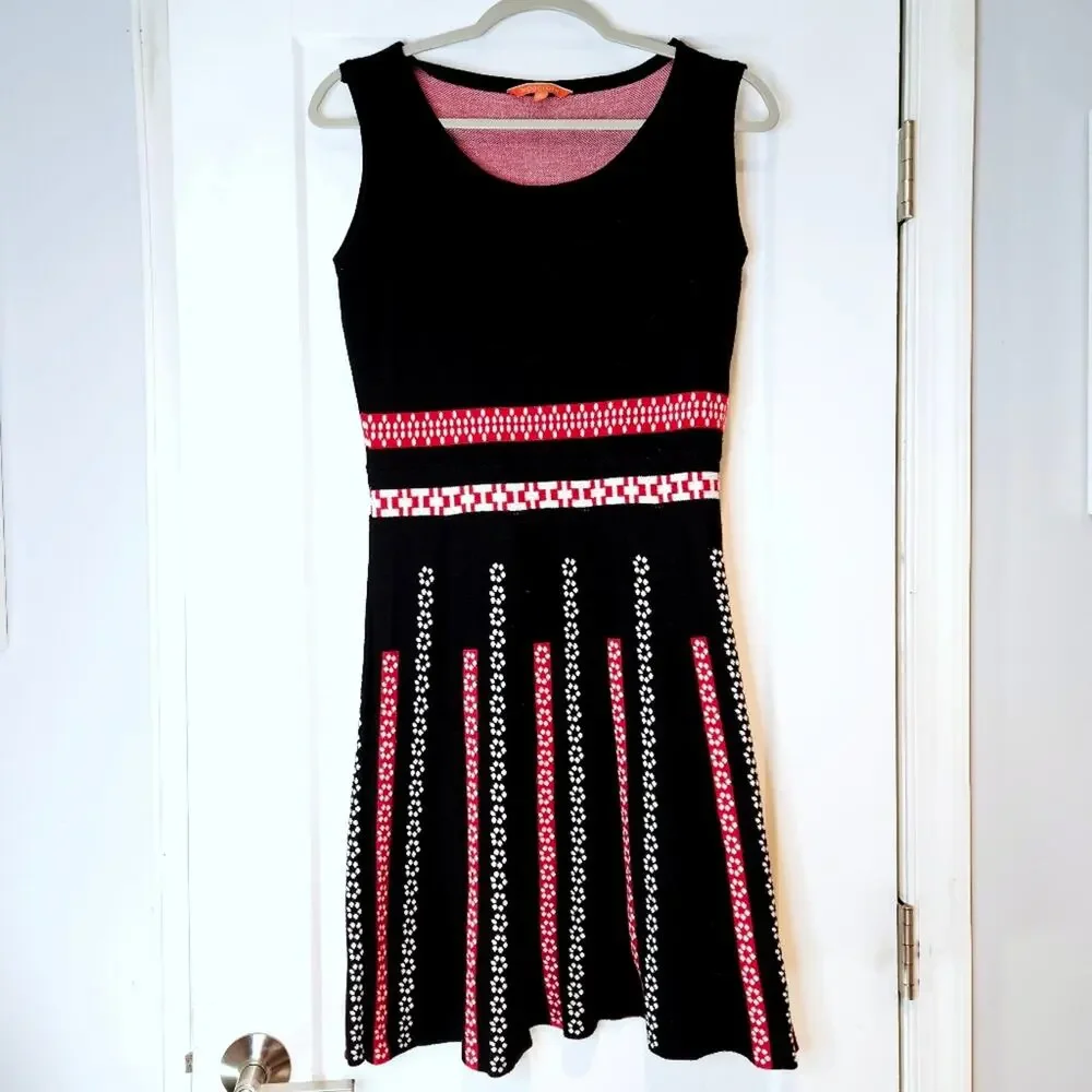 ModCloth Knit Fit & Flare Sweater Dress Black Red Geometric Retro Sleeveless L